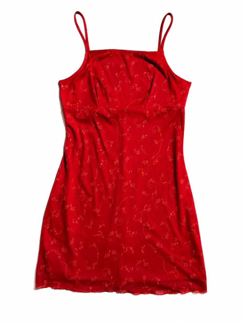 Vintage Hana Red Glitter Floral Mesh Mini Dress Size Large 90s Y2K